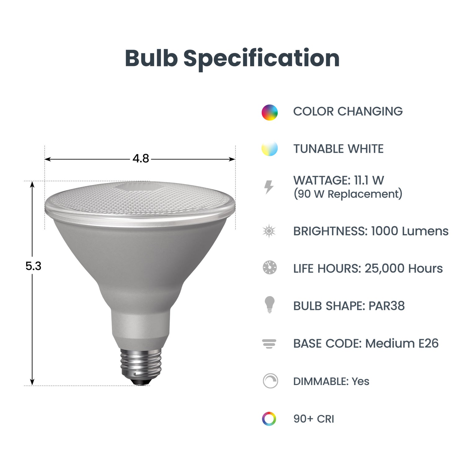 11.1W (90W Replacement) RGBW PAR38 E26 Base Dimmable Alexa Google Smart Light Bulb