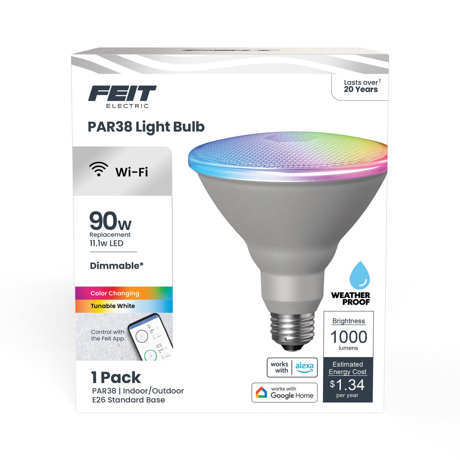 11.1W (90W Replacement) Color Changing E26 Base PAR38 Dimmable Alexa Google Smart LED Light Bulb