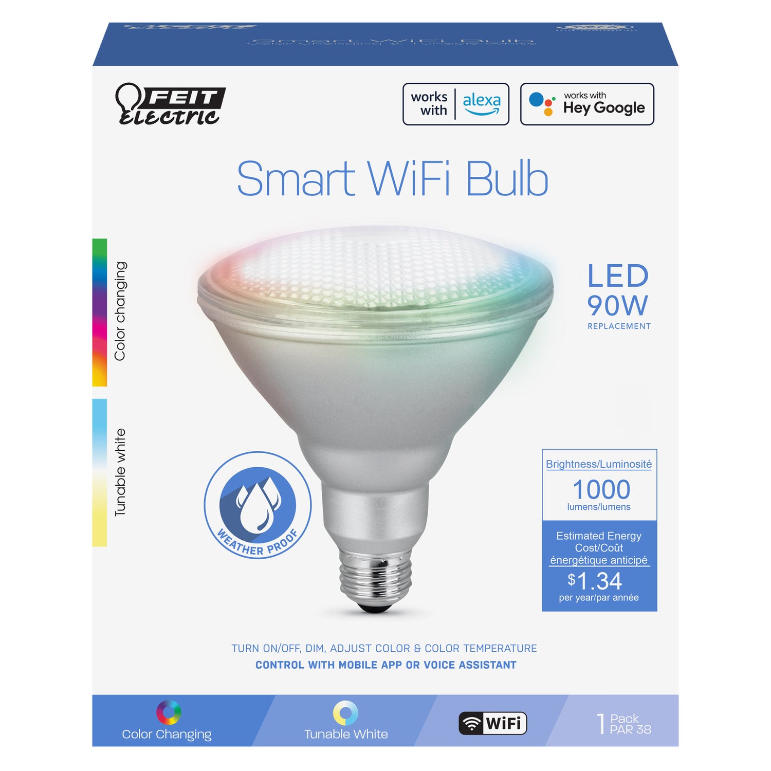 11.1W (90W Replacement) Color Changing E26 Base PAR38 Dimmable Alexa Google Smart LED Light Bulb