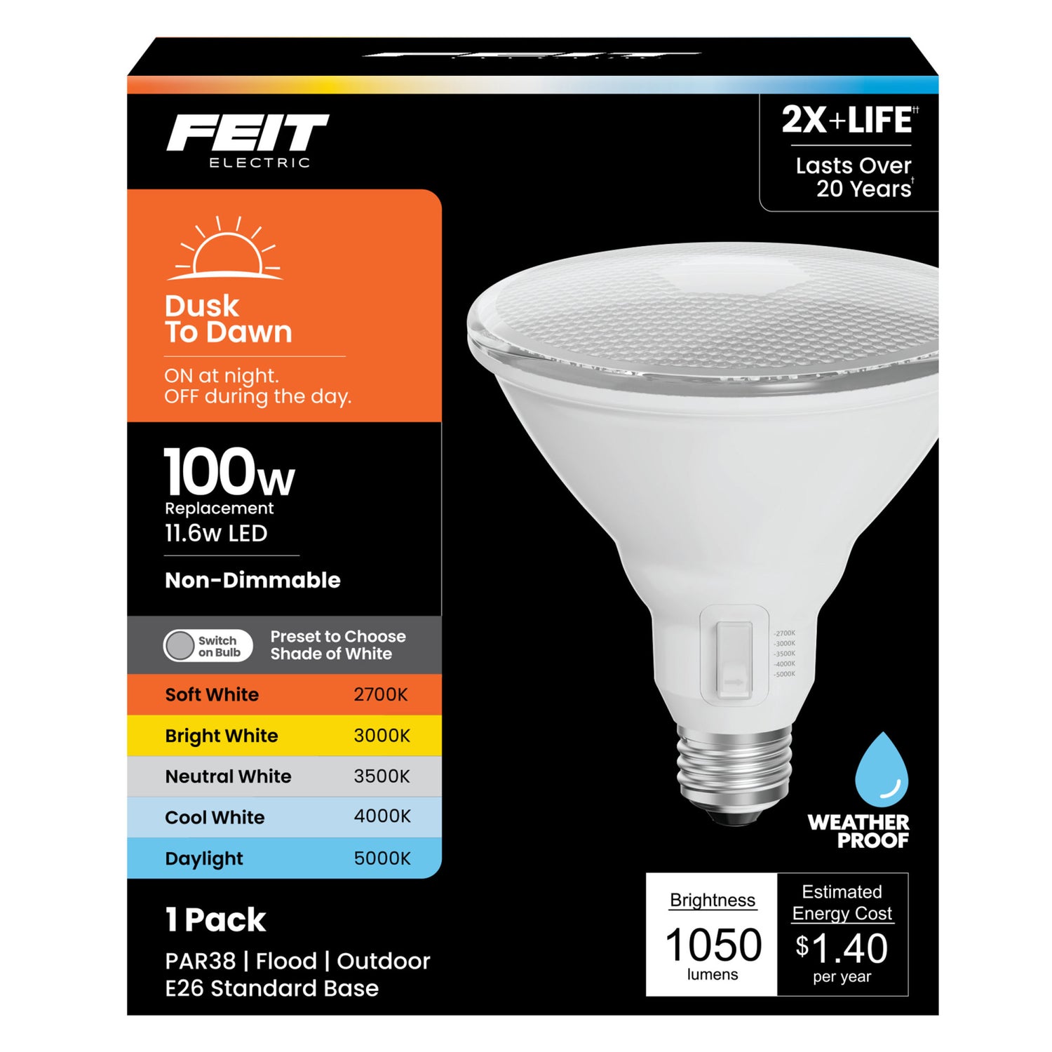 11.6W (90W Replacement) Adjustable White E26 Base PAR38 Dusk to Dawn LED Bulb