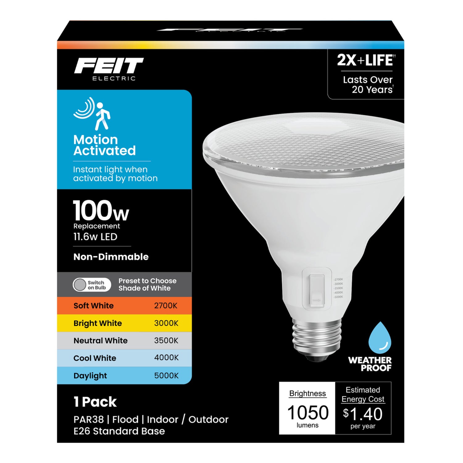 11.6W (100W Replacement) Adjustable White E26 Base PAR38 Motion LED Bulb