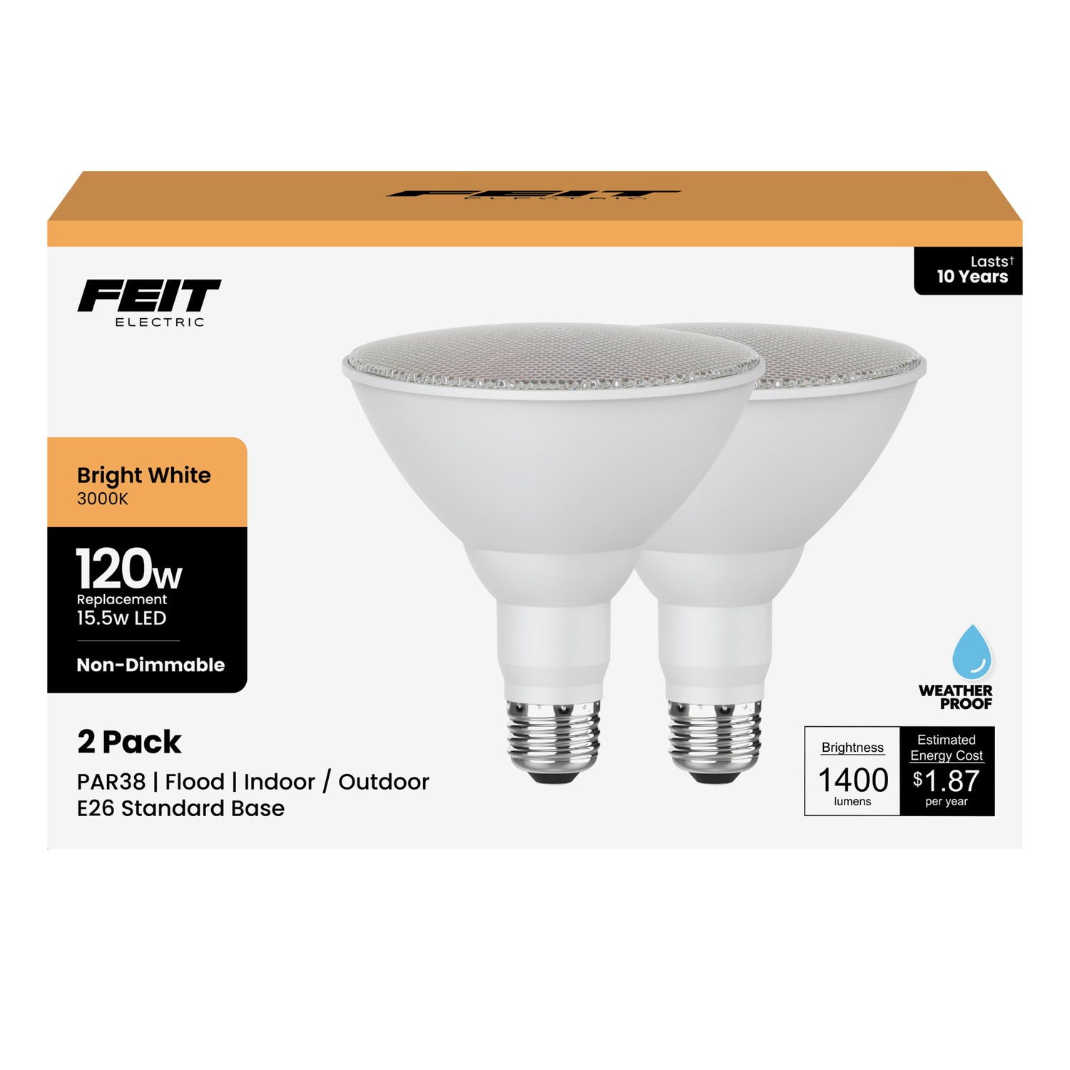 15.5W (120W Replacement) Bright White (3000K) E26 Base PAR38 Non-Dimmable LED Light Bulb (2-Pack)