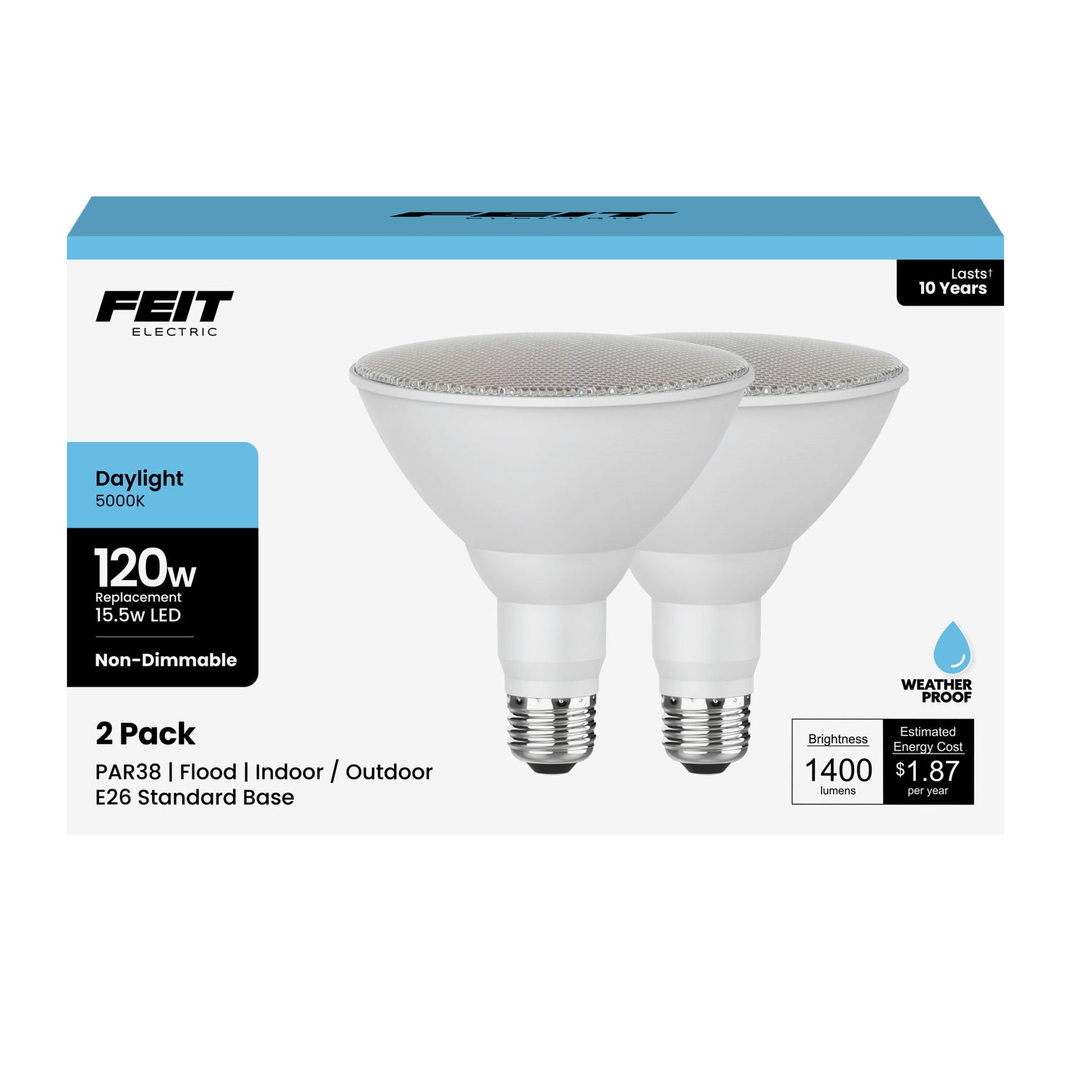 15.5W (120W Replacement) Daylight (5000K) E26 Base PAR38 Non-Dimmable LED Light Bulb (2-Pack)