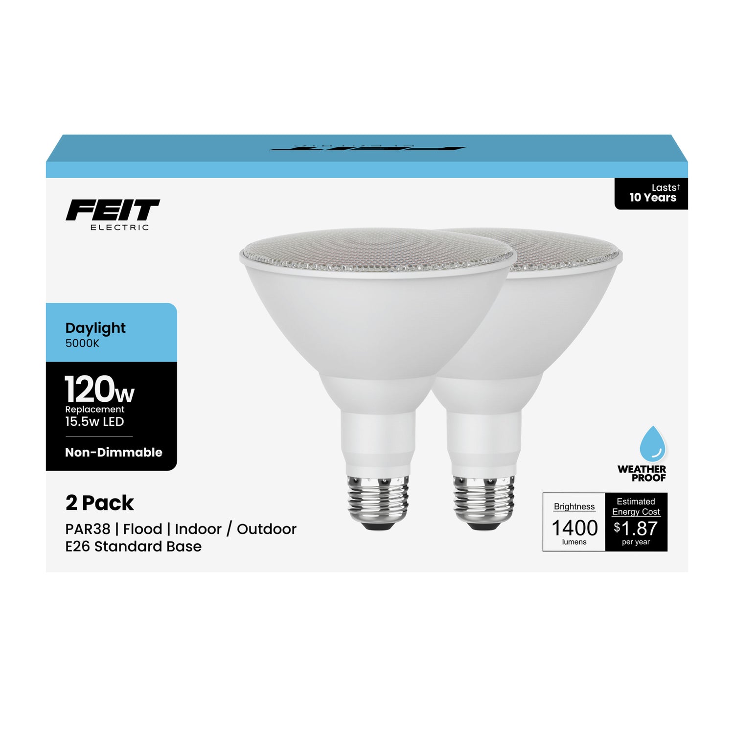 15.5W (120W Replacement) Daylight (5000K) E26 Base PAR38 Non-Dimmable LED Light Bulb (2-Pack)