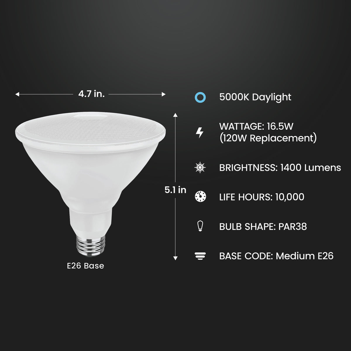 16.5W (120W Replacement) Daylight (5000K) PAR38 (E26 Base) LED Light Bulbs (4-Pack)