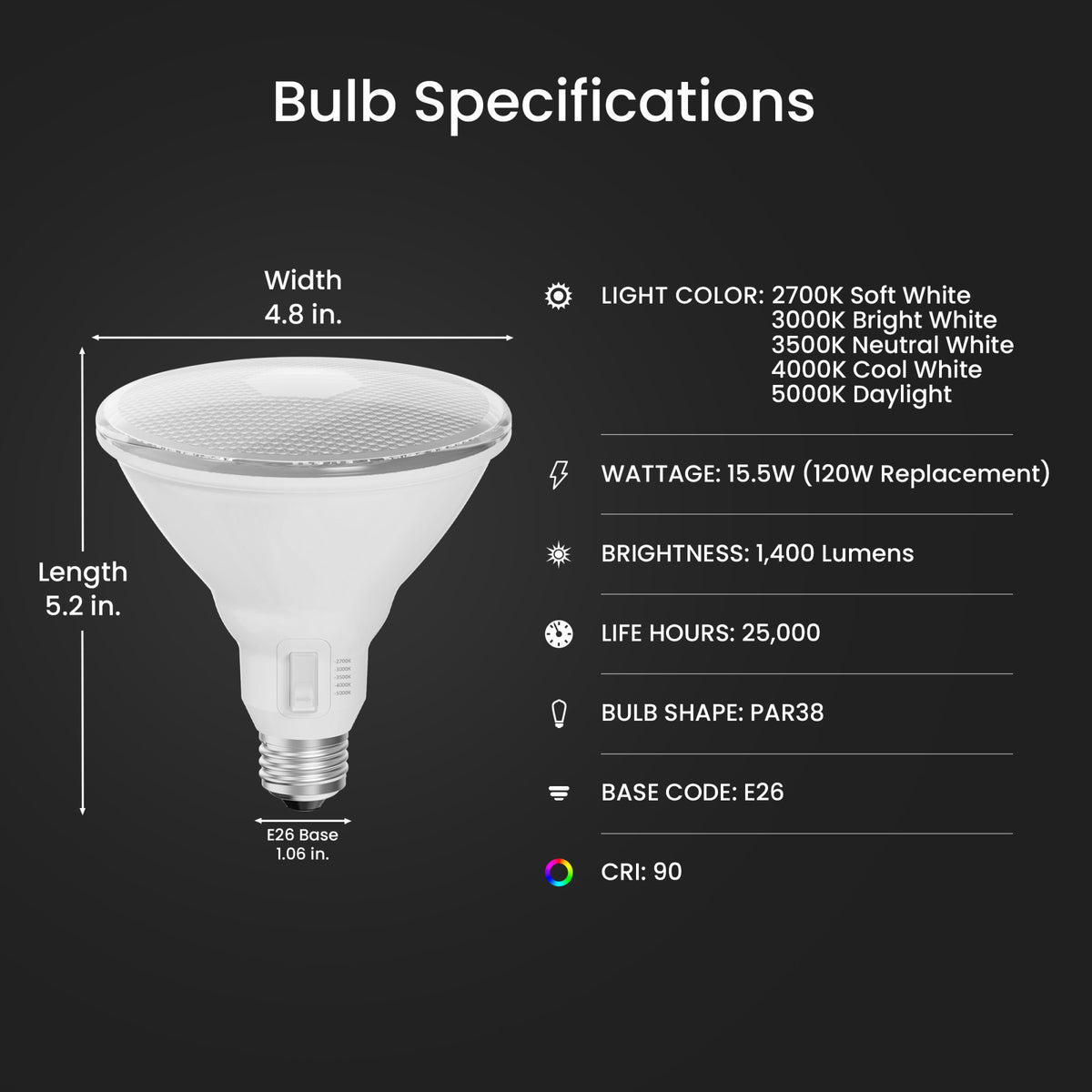 120W Replacement Adjustable White PAR38 Dimmable Enhance Reflector LED with Switch Mode (2-Pack)