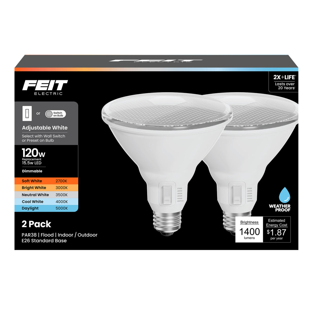 120W Replacement Adjustable White PAR38 Dimmable Enhance Reflector LED with Switch Mode (2-Pack)