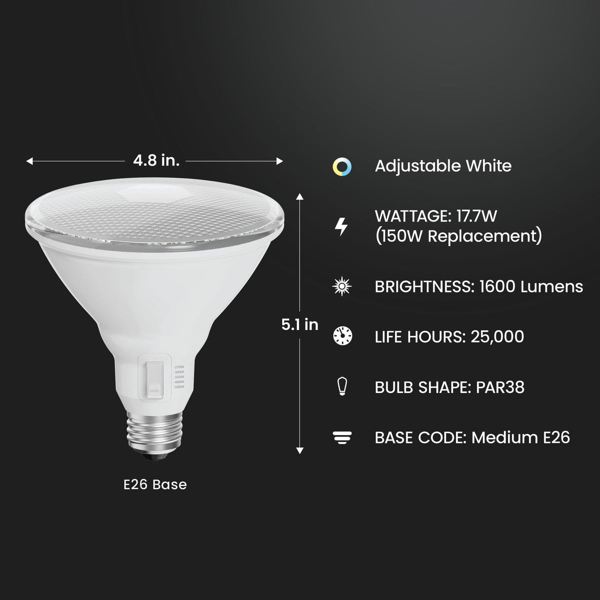 17.7W (150W Replacement) Adjustable White E26 Base Dimmable PAR38 LED Bulb