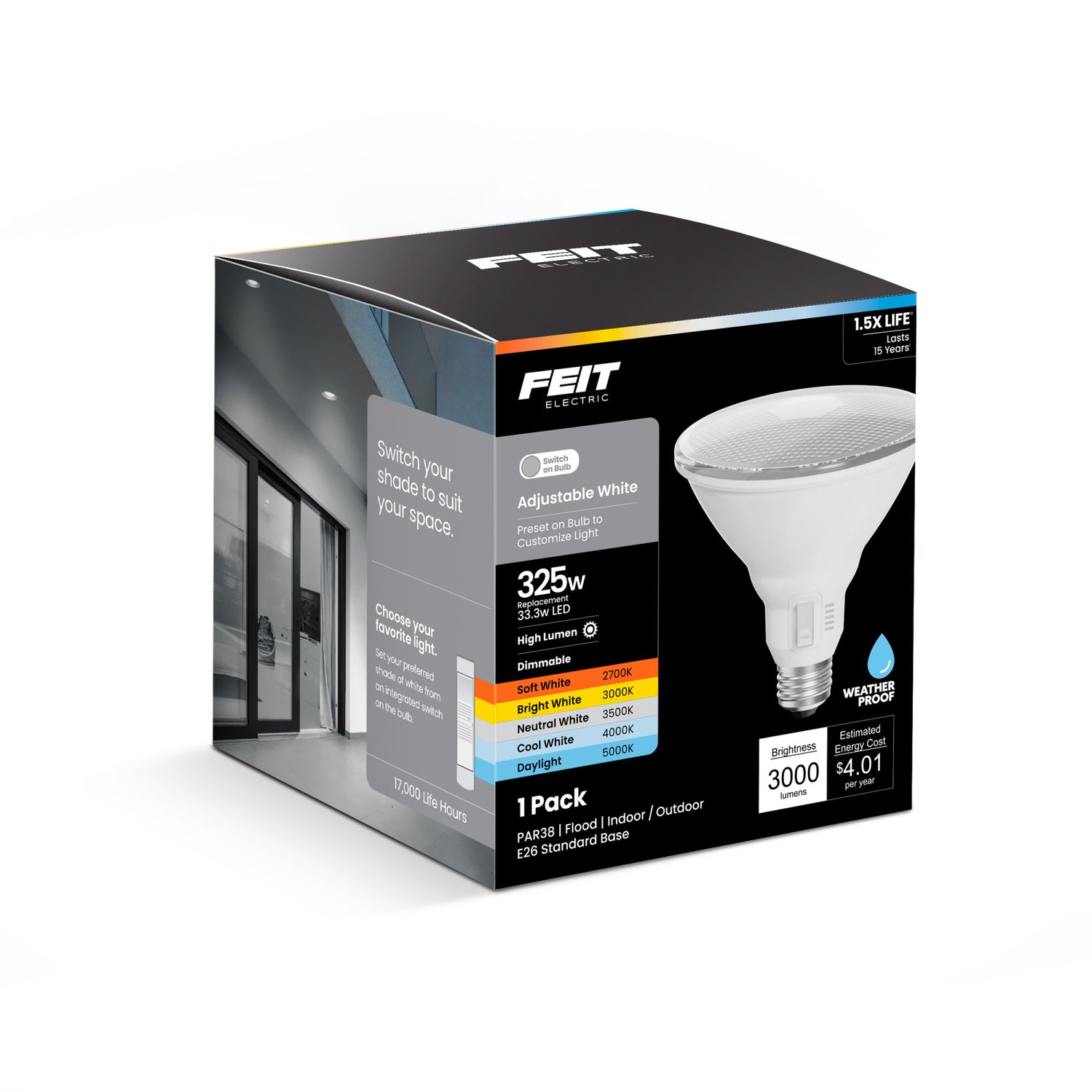 33.3W (325W Replacement) Adjustable White E26 Base PAR38 Dimmable LED Bulb
