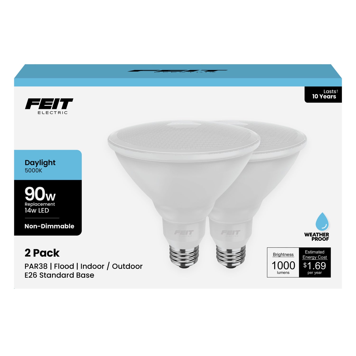 14W (90W Replacement) Daylight (5000K) E26 Base PAR38 Non-Dimmable Reflector LED (2-Pack)