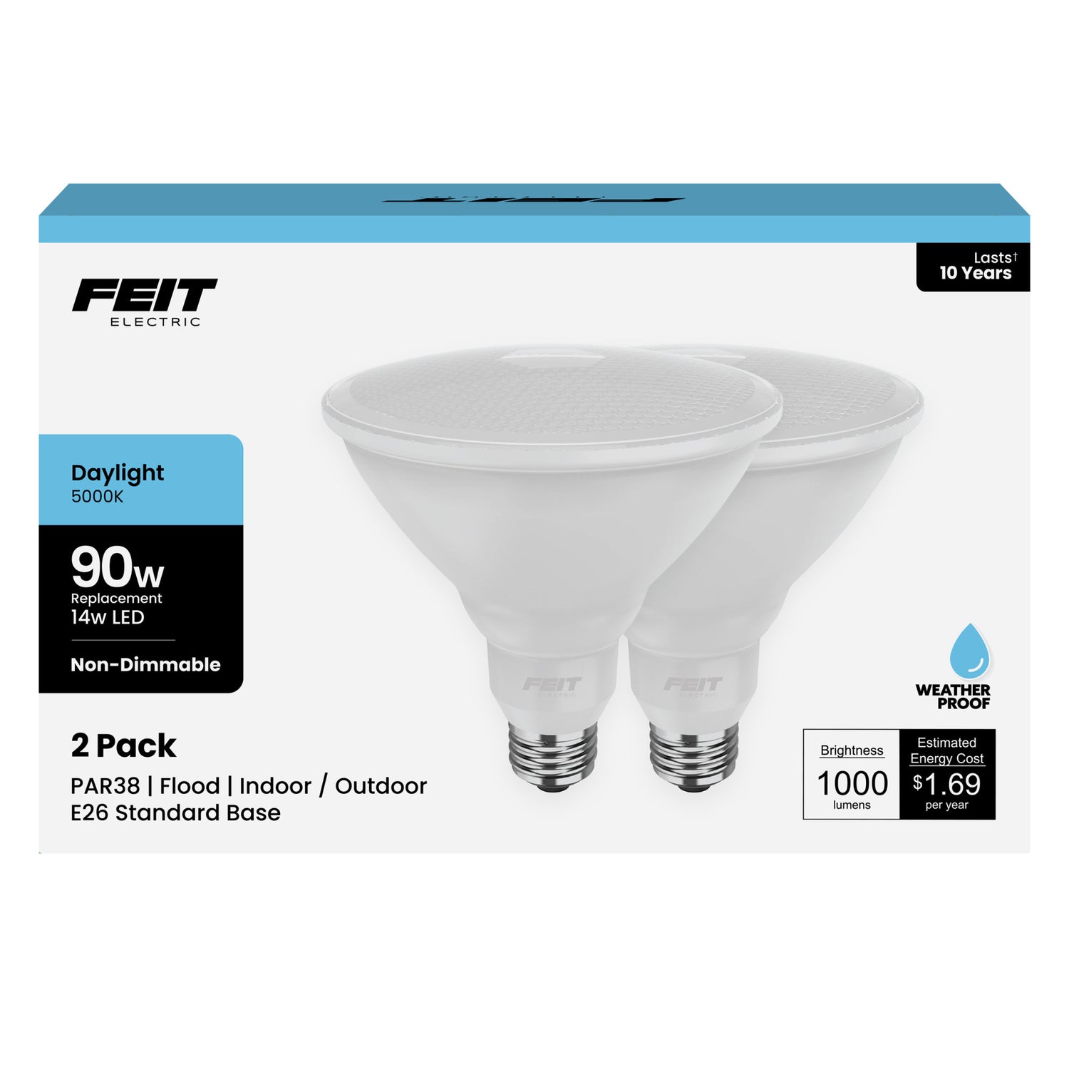 14W (90W Replacement) Daylight (5000K) E26 Base PAR38 Non-Dimmable Reflector LED (2-Pack)