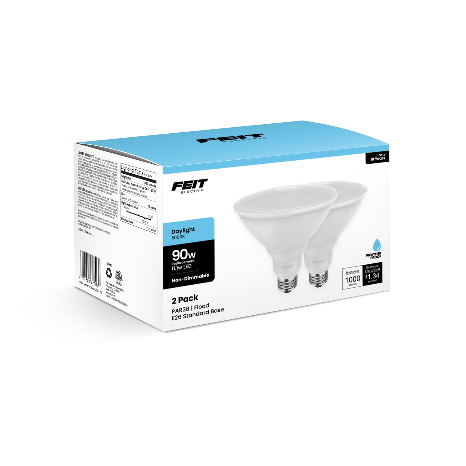 14W (90W Replacement) Daylight (5000K) E26 Base PAR38 Non-Dimmable Reflector LED (2-Pack)