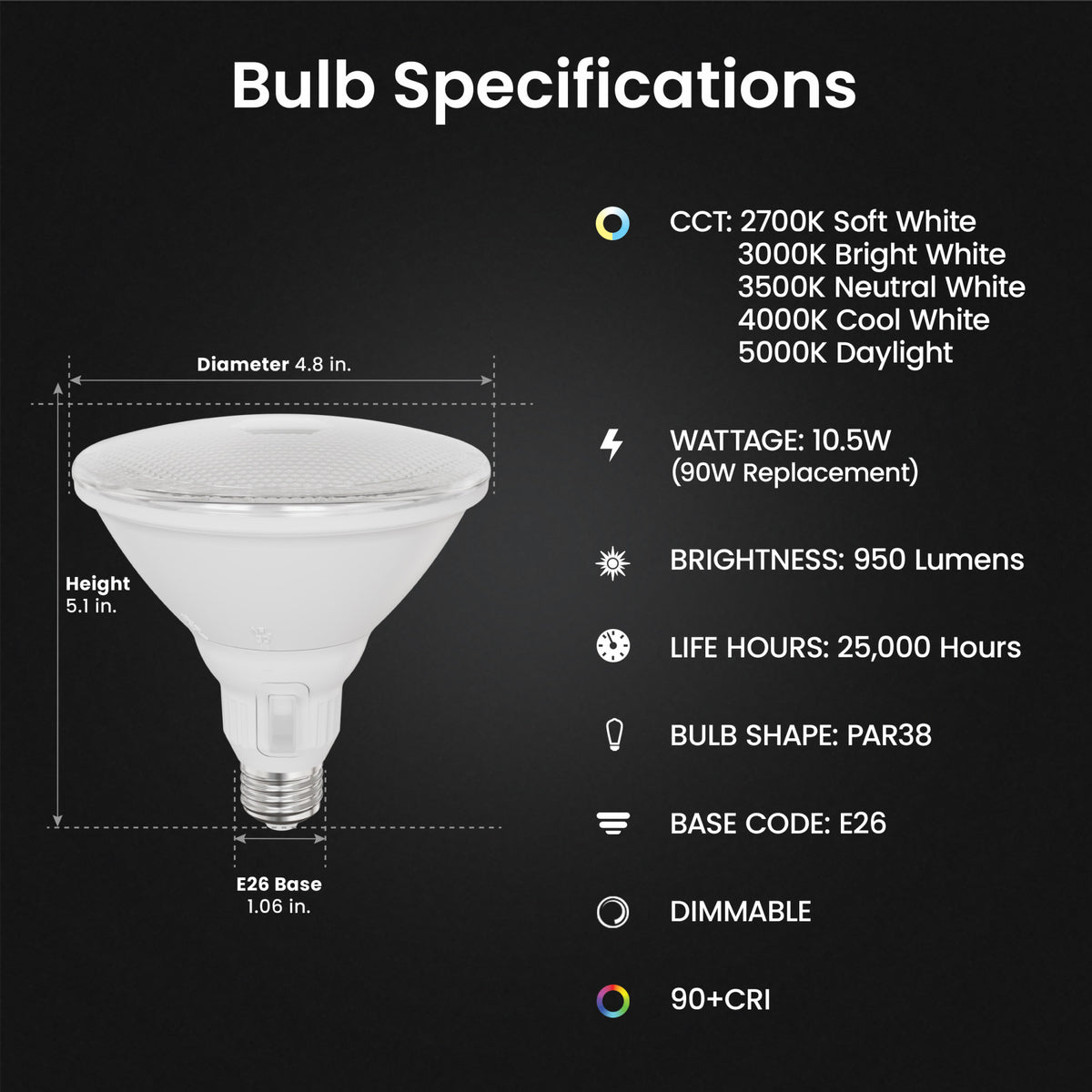 10.5W (90W Replacement) Adjustable White E26 Base PAR38 Dimmable Beam Choice Enhance LED Bulb with Switch Mode