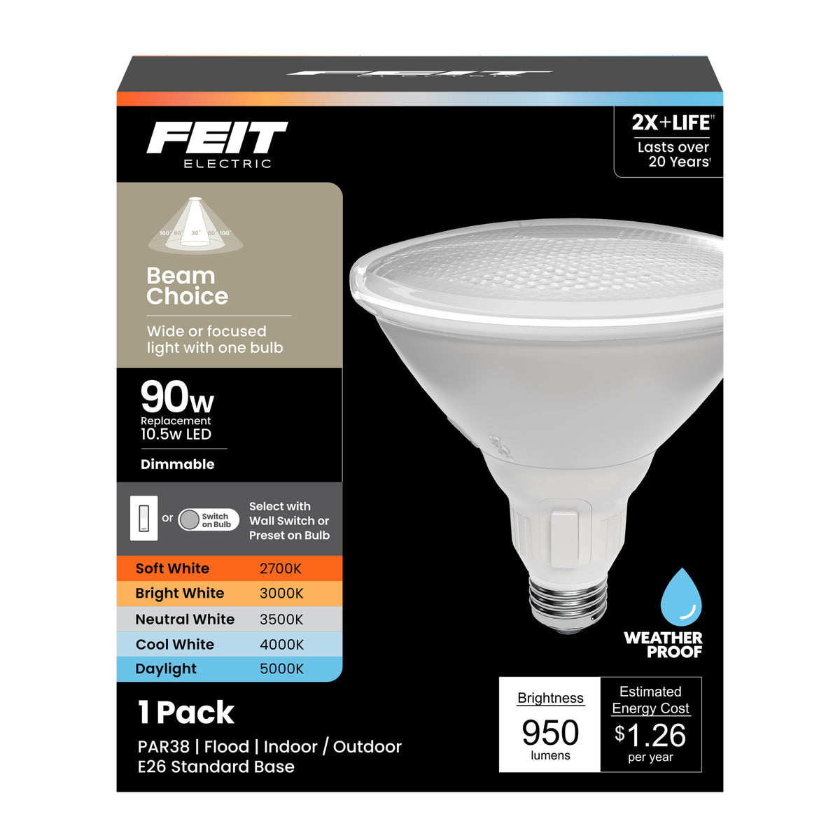 10.5W (90W Replacement) Adjustable White E26 Base PAR38 Dimmable Beam Choice Enhance LED Bulb with Switch Mode