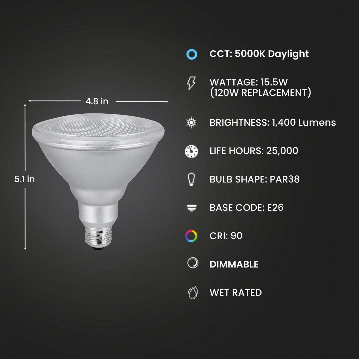 15.5W (120W Replacement) Daylight (5000K) E26 Base PAR38 Dimmable Enhance Reflector LED