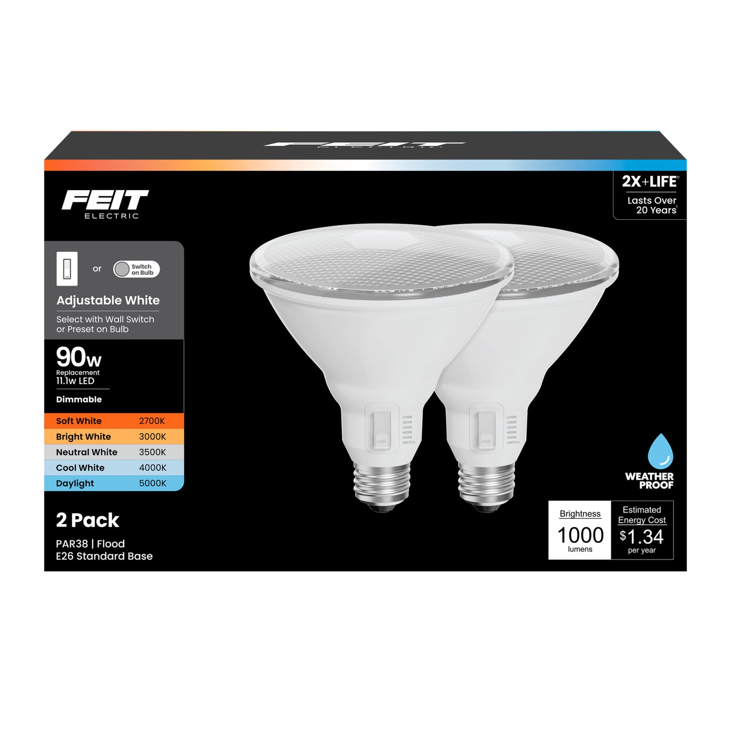 11.1W (90W Replacement) Adjustable White E26 Base PAR38 LED Bulb (2-Pack)