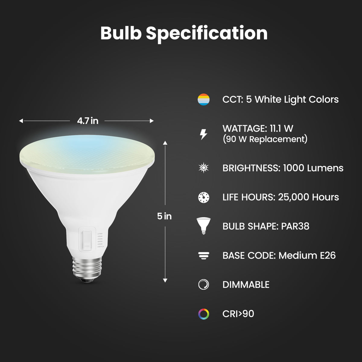 11.1W (90W Replacement) Adjustable White E26 Base PAR38 LED Bulb with Switch Mode (2-Pack)