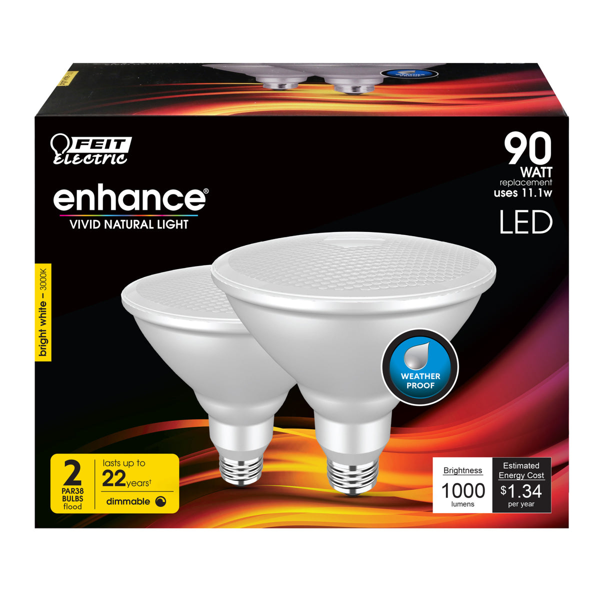 11.1W (90W Replacement) Bright White (3000K) E26 Base PAR38 Dimmable Enhance Reflector LED Bulb (2-Pack)
