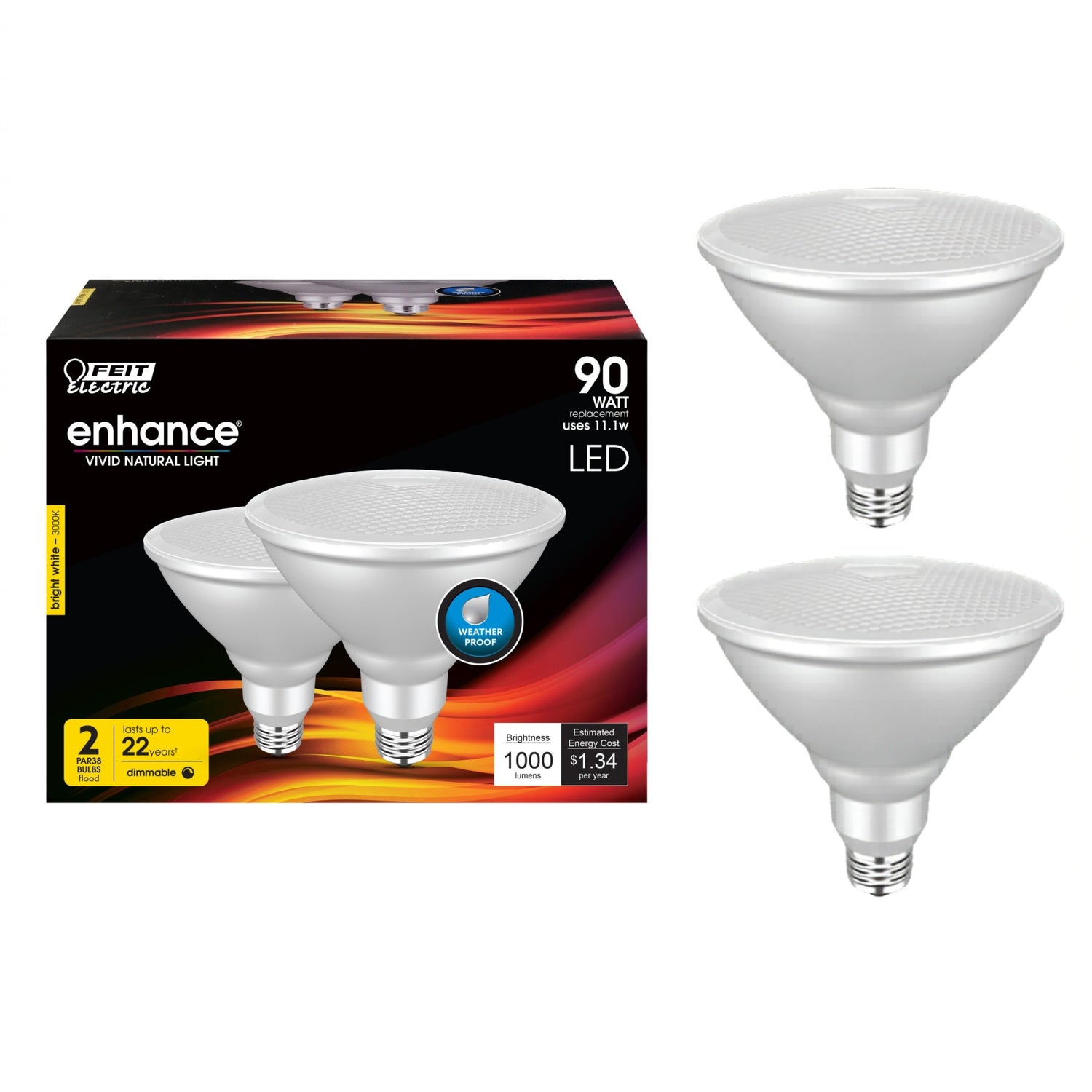 11.1W (90W Replacement) Bright White (3000K) E26 Base PAR38 Dimmable Enhance Reflector LED Bulb (2-Pack)