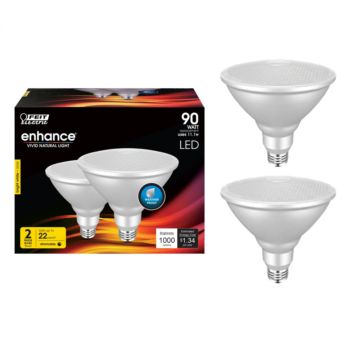 11.1W (90W Replacement) Bright White (3000K) E26 Base PAR38 Dimmable Enhance Reflector LED Bulb (2-Pack)