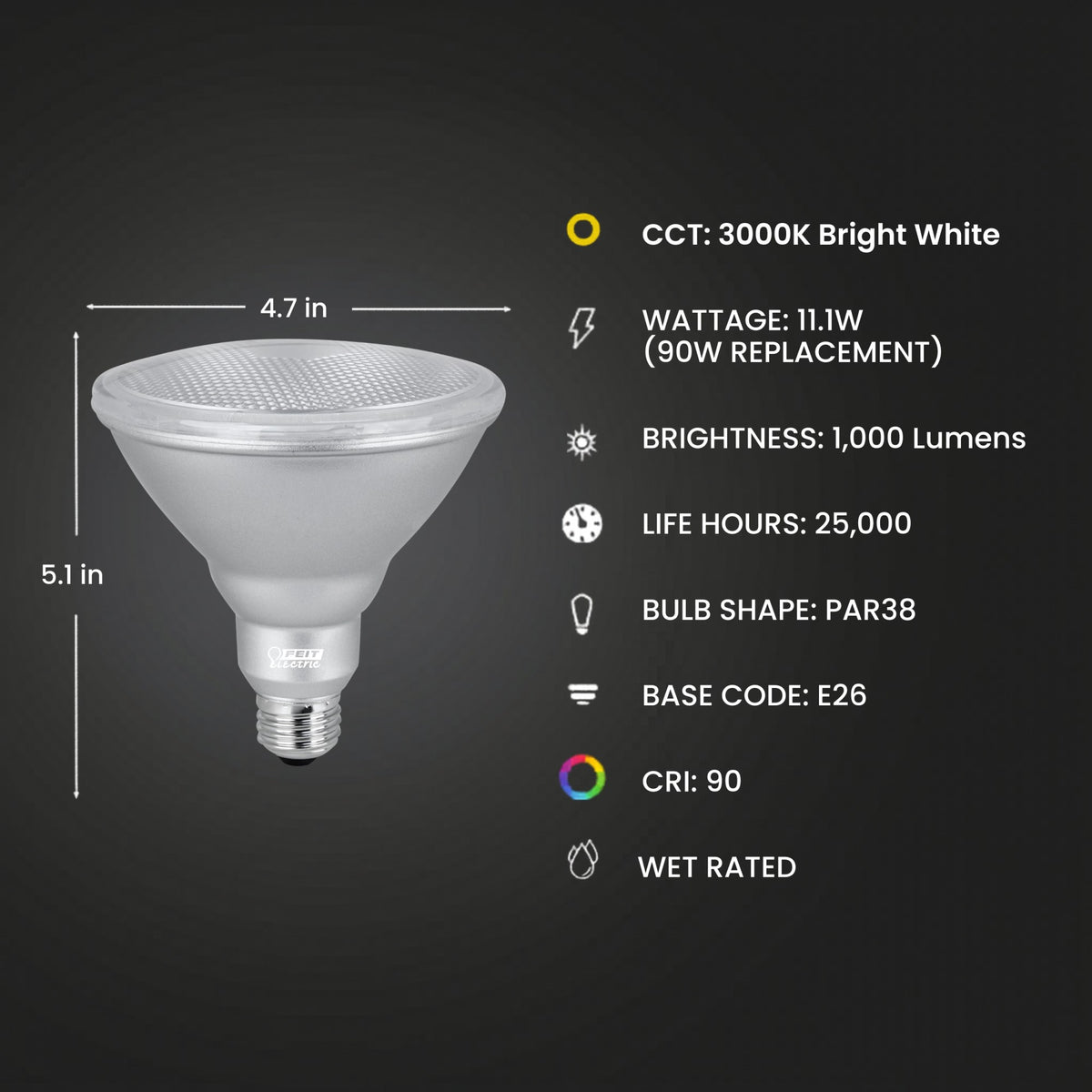 11.1W (90W Replacement) Bright White (3000K) E26 Base PAR38 Dimmable Enhance Reflector LED Bulb (2-Pack)