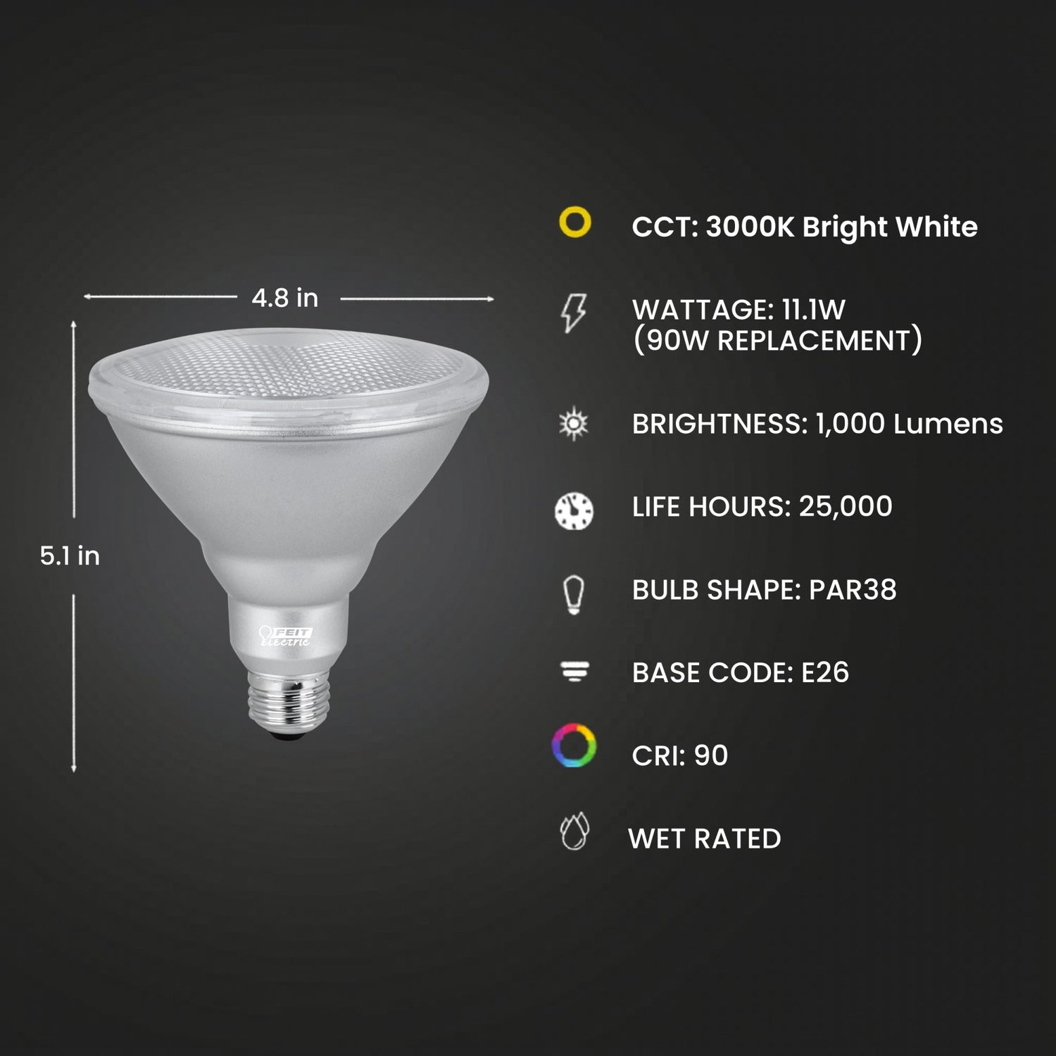 11.1W (90W Replacement) Bright White (3000K) PAR38 Dimmable Enhance Reflector LED