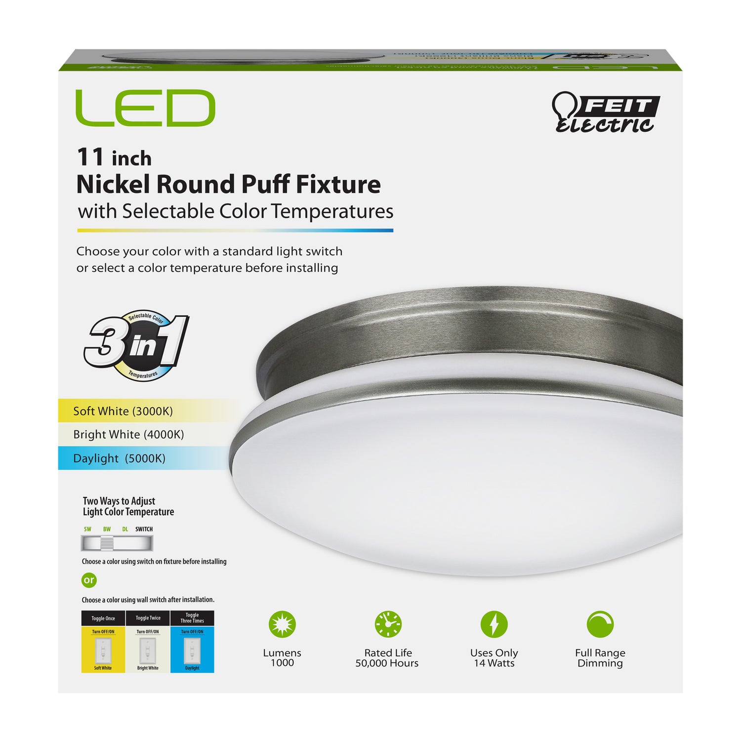 11 in. Round 3-in-1 Selectable Color Puff LED Ceiling Fixture