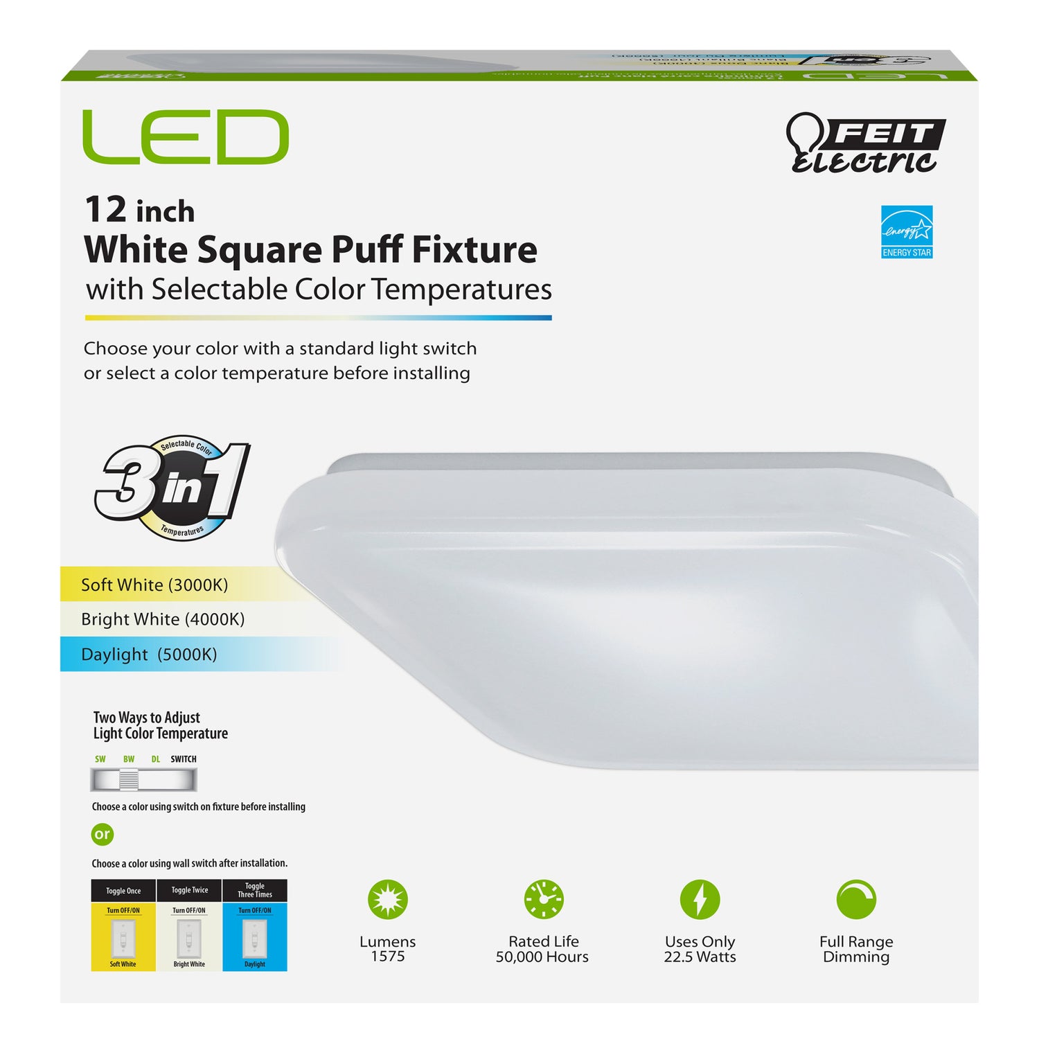 12 in. 22.5 W 3-in-1 Color Selectable Square Puff LED Ceiling Fixture