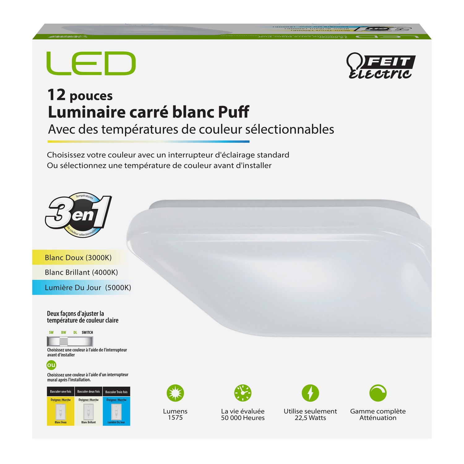 12 in. 22.5 W 3-in-1 Color Selectable Square Puff LED Ceiling Fixture