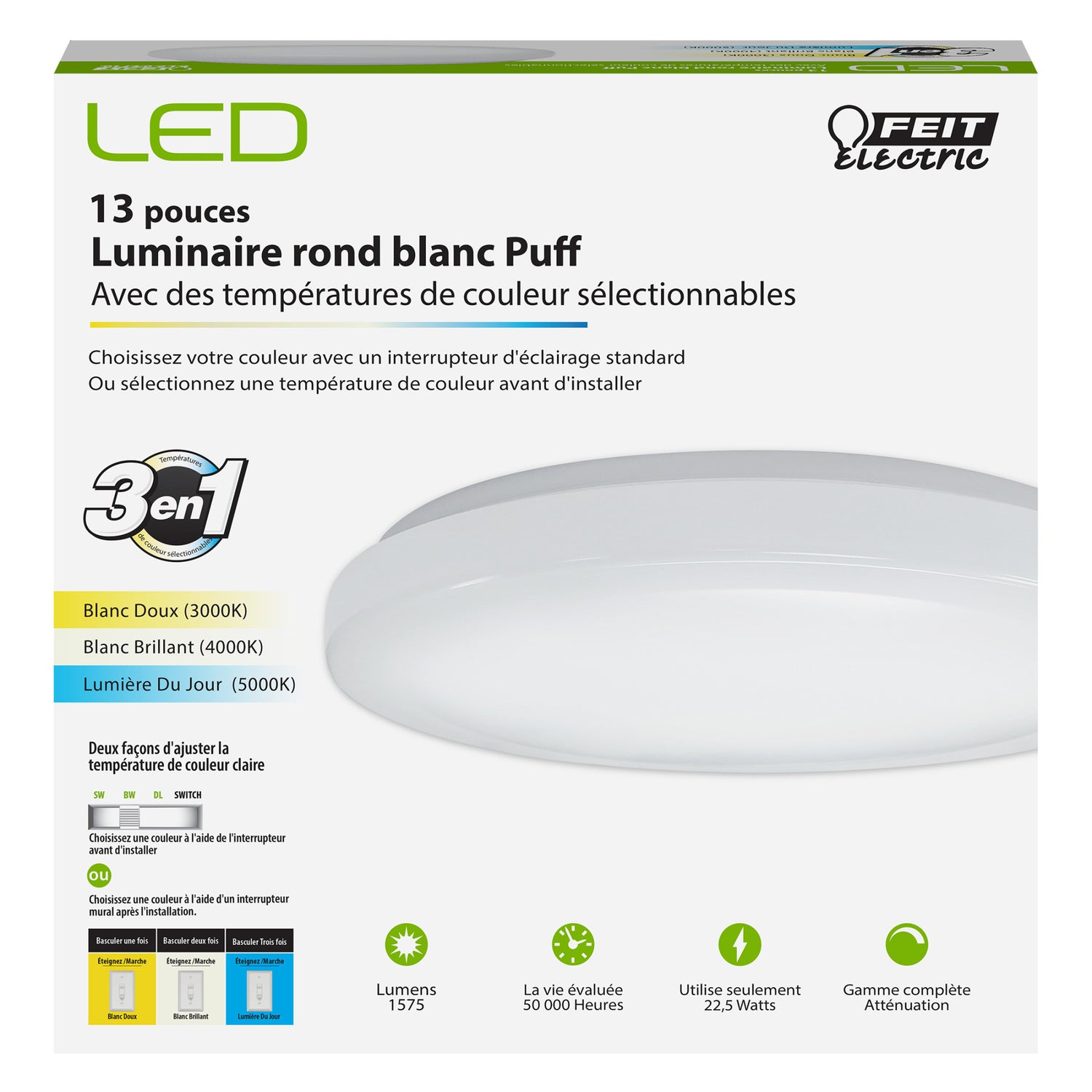 13 in. 3-in-1 Color Selectable Round Puff LED Ceiling Fixture