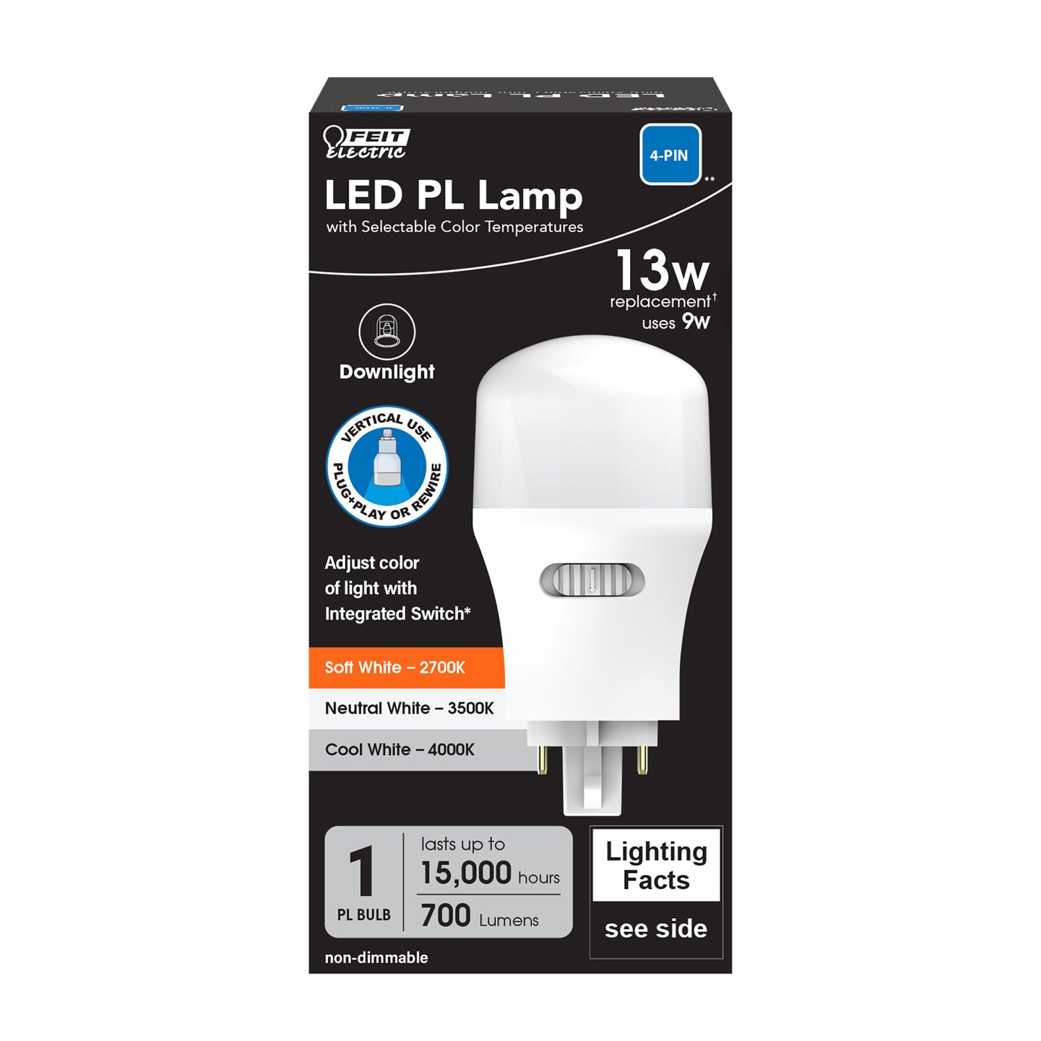 9W (13W Replacement) Color Selectable Universal 4-pin Direct Replacement and Ballast Bypass (Type AB) PL Lamp