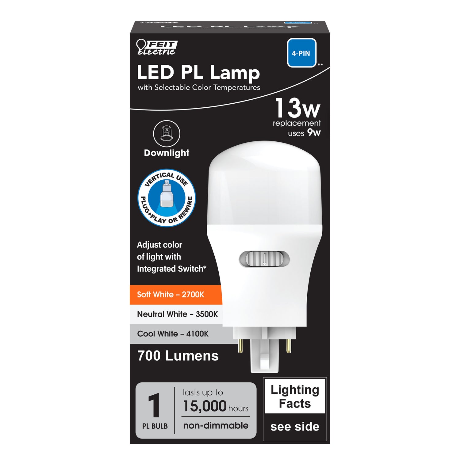 9W (13W Replacement) Color Selectable Universal 4-pin Direct Replacement and Ballast Bypass (Type AB) PL Lamp
