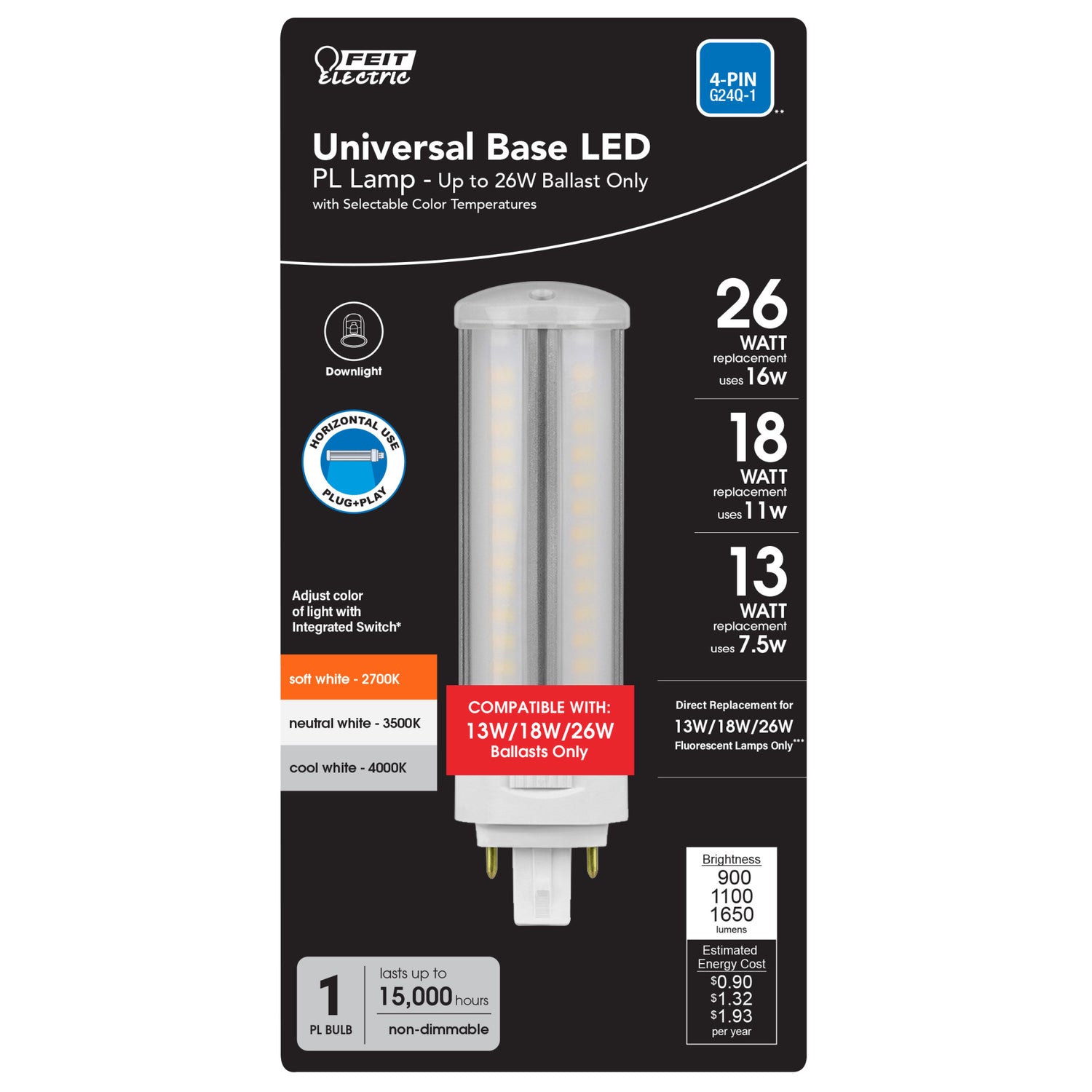 16W (26W Repl.) Selectable White 4-Pin GX24Q-3 Type A PL Horizontal CFLNI CFL Replacement LED Bulb