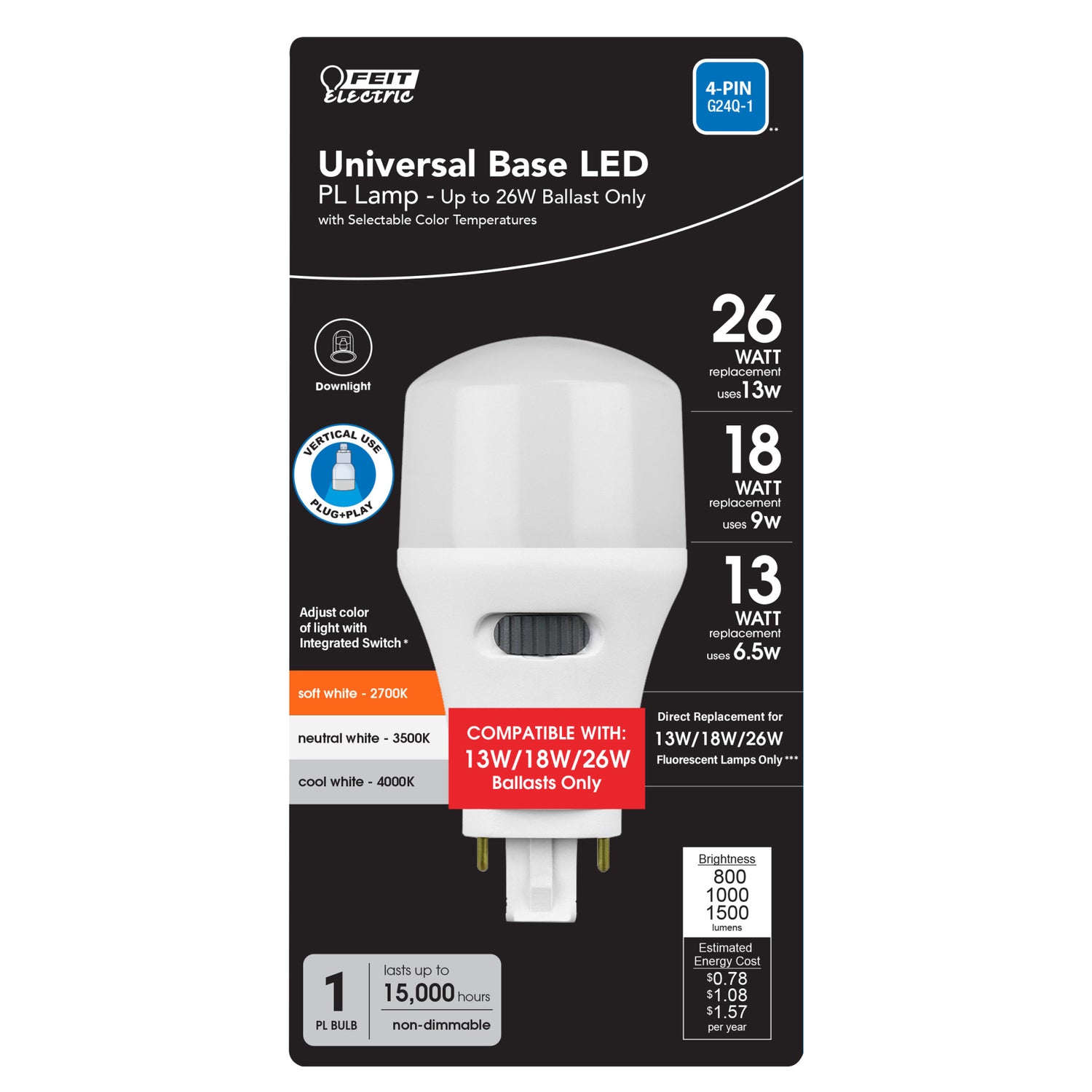 13W/18W/26W Replacement Selectable White Universal 4-Pin Base Direct Replacement (Type A) Non-Dimmable Vertical PL LED Light Bulb