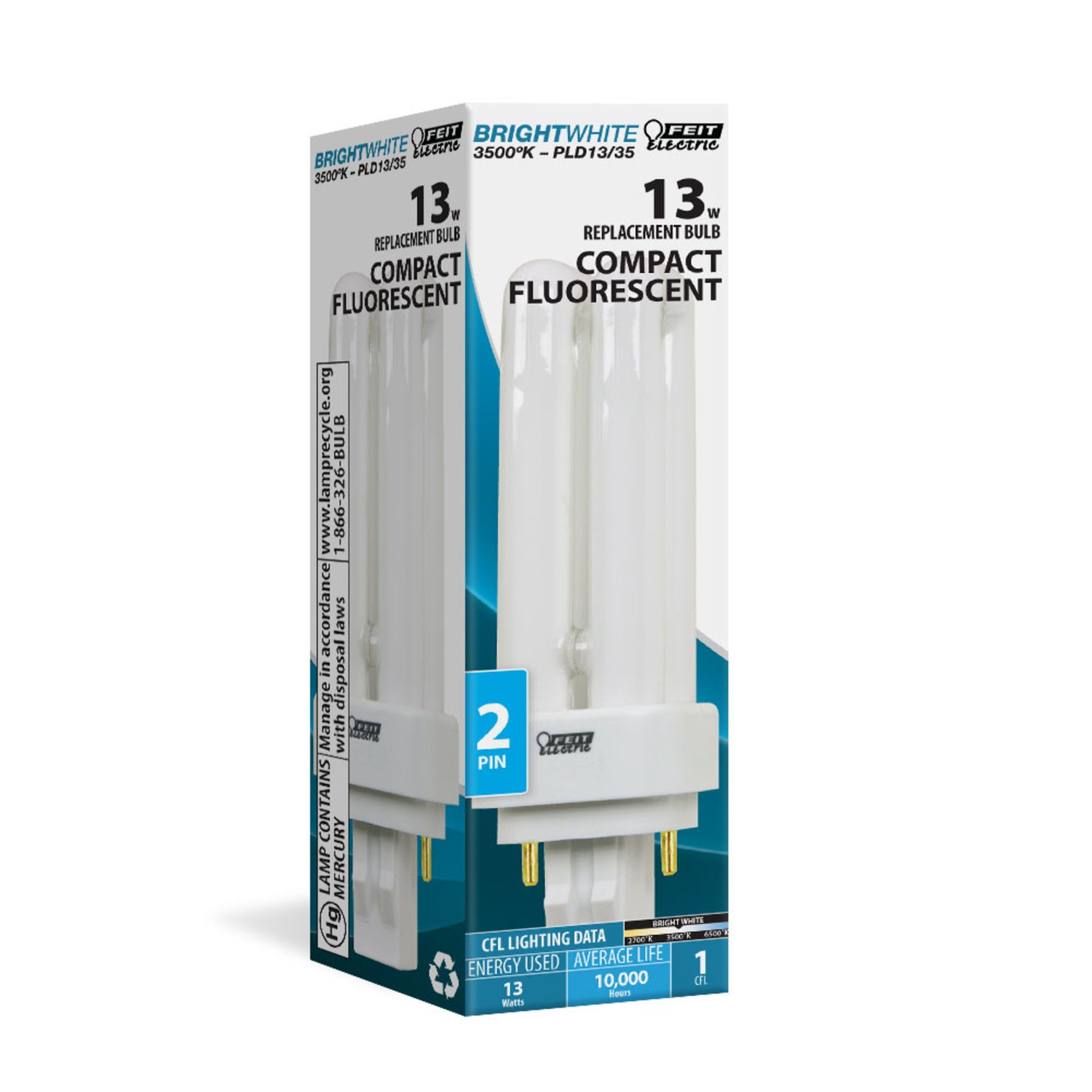 13W Bright White (3500K) GX23-2 Base Compact Fluorescent PL Light Bulb