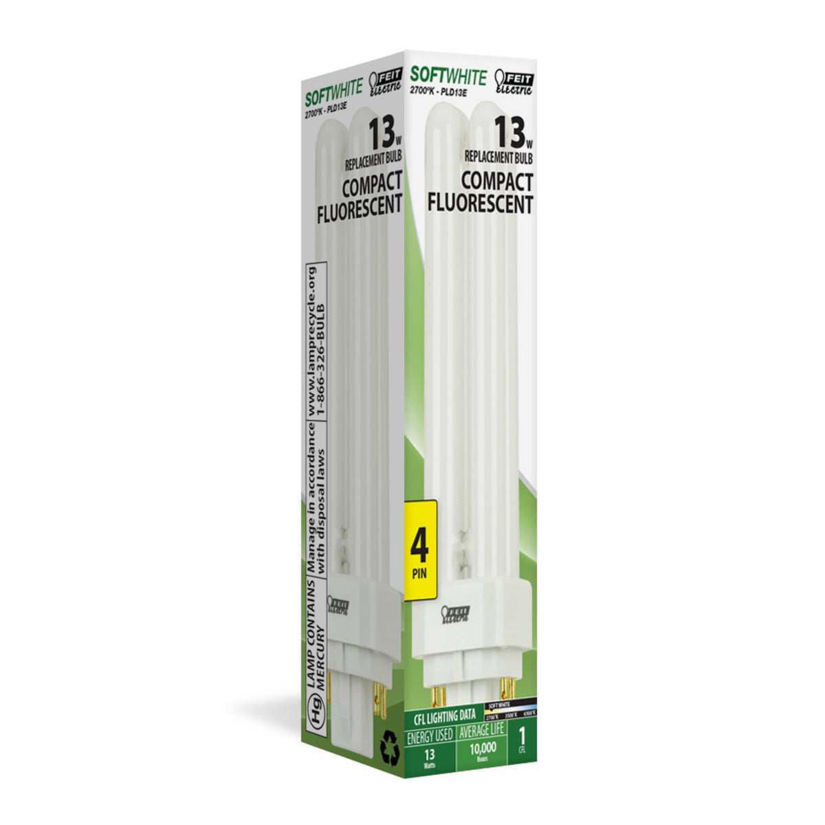13W Soft White (2700K) PLD Double Twin Tube G24Q-1 Base Compact Fluorescent Light Bulb
