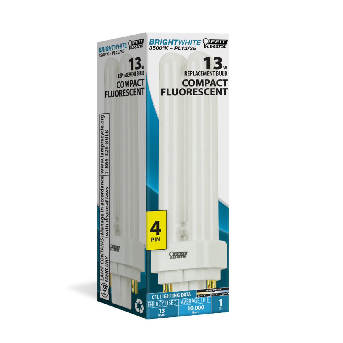 13W Bright White (3500K) PLD Double Twin Tube G24Q-1 Base Compact Fluorescent Light Bulb