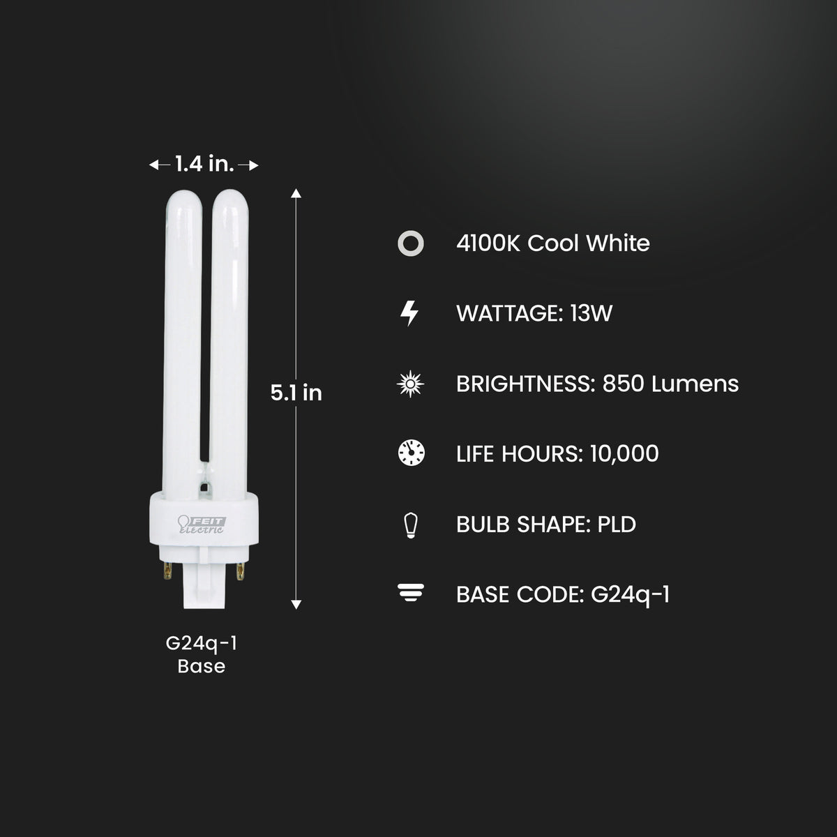13W Cool White (4100K) PLD Double Twin Tube G24Q-1 Base Compact Fluorescent Light Bulb
