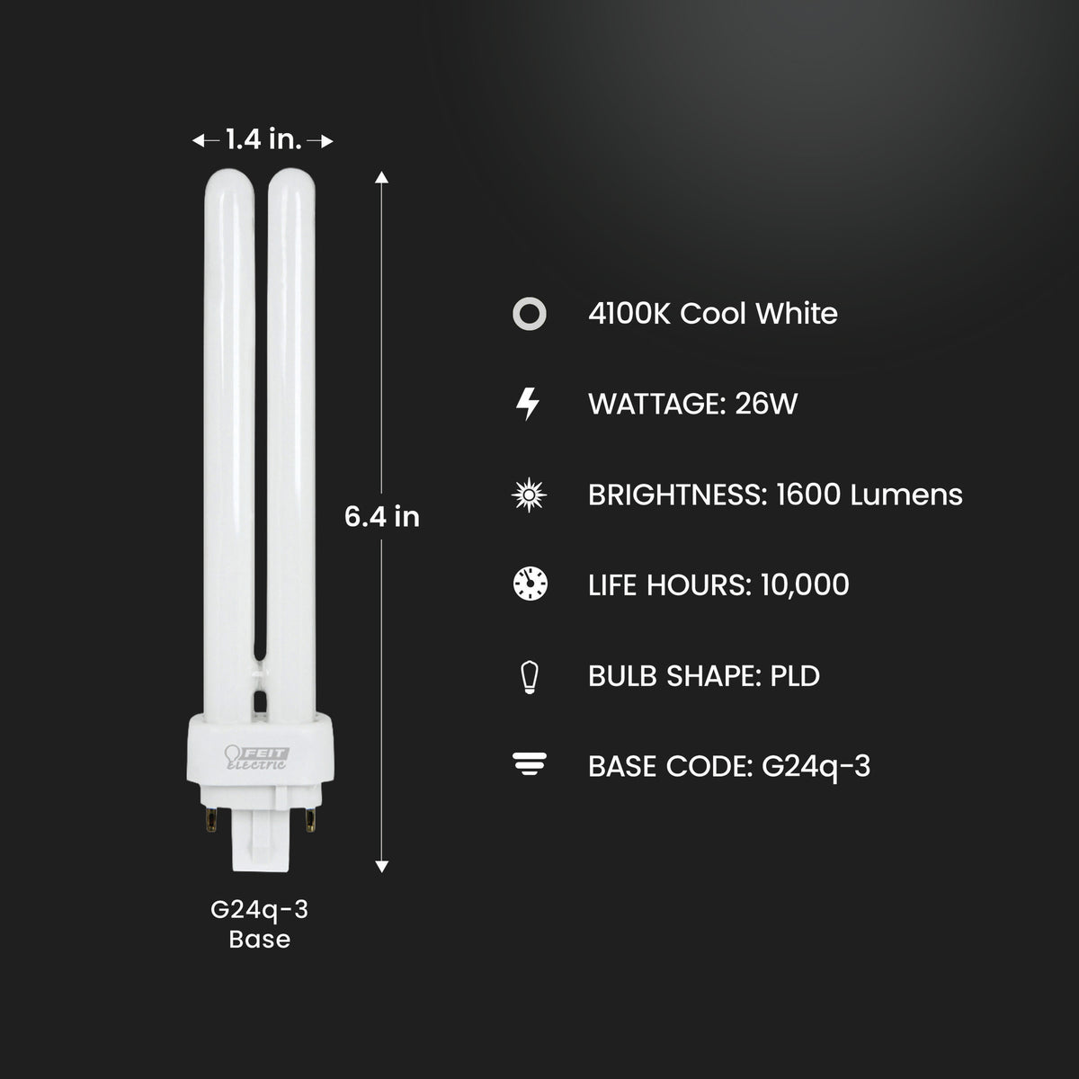 26W Cool White (4100K) PLD Double Twin Tube G24Q-3 Base CFL Bulb