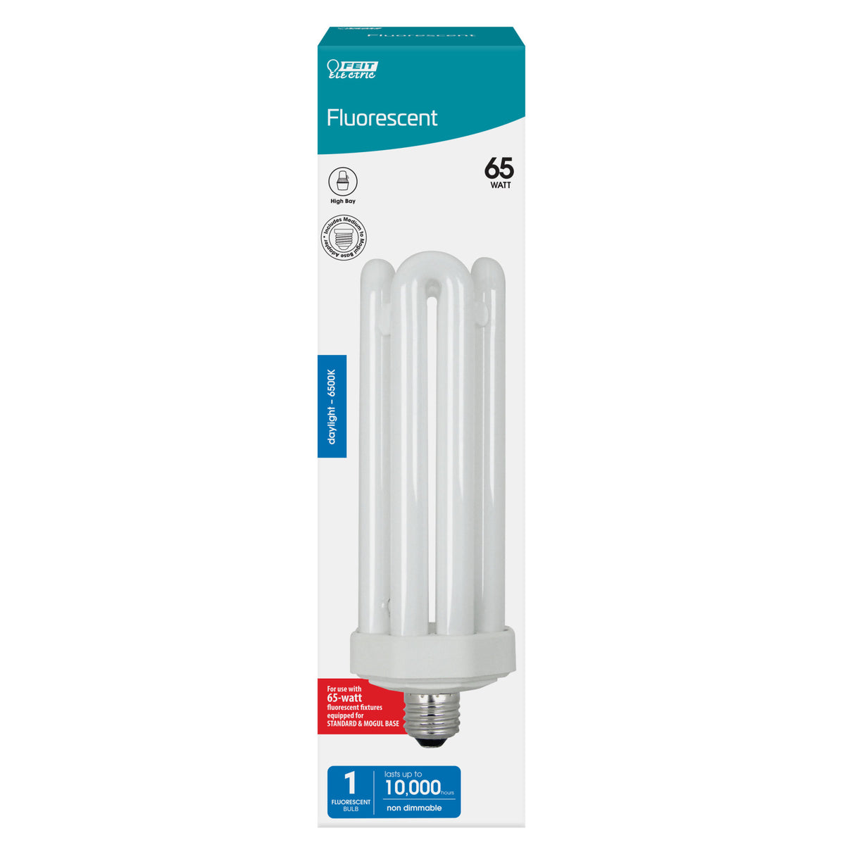 65W (300W Replacement) Daylight Deluxe (6500K) E39/E26 Base Quad Tube PL CFL Bulb
