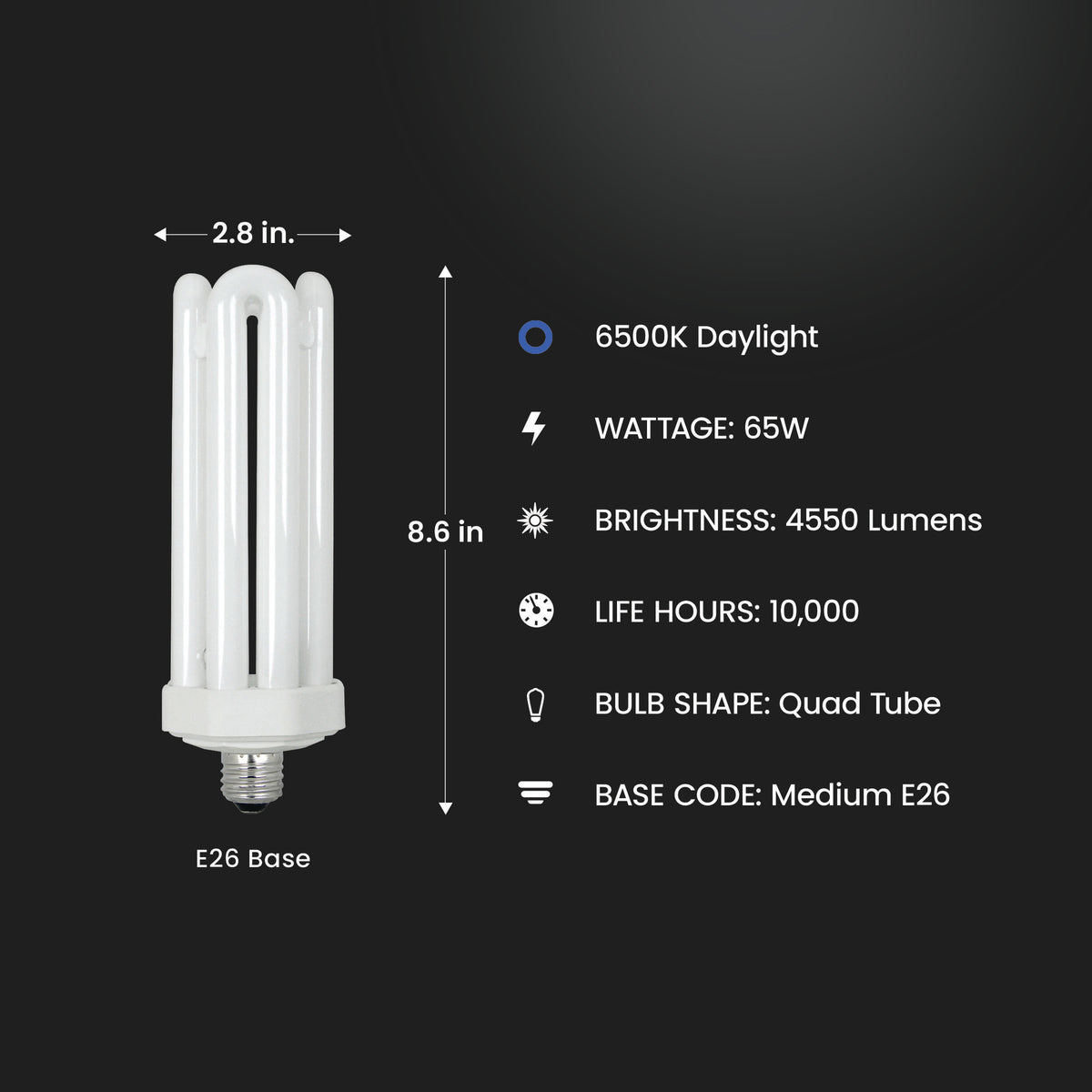 65W (300W Replacement) Daylight Deluxe (6500K) E39/E26 Base Quad Tube PL CFL Bulb
