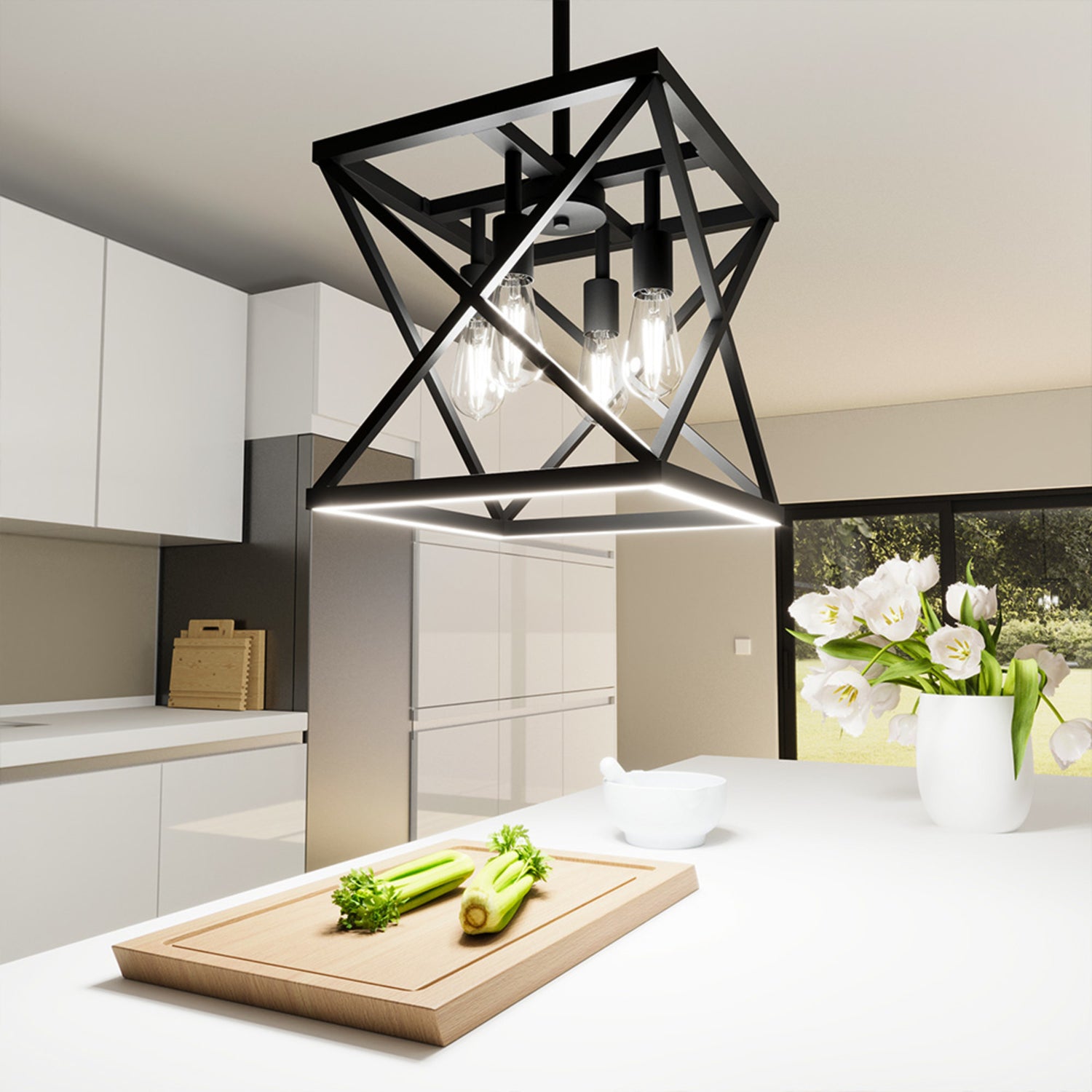 Katalyst Collection LED Decorative 4-Light Criss-Cross Pendant, Matte Black