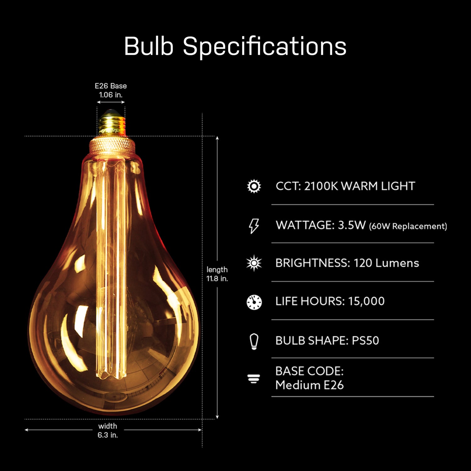 3.5W (60W Replacement) Warm Light (2100K) E26 Base PS50 Big Bulb Acrylic Filament LED