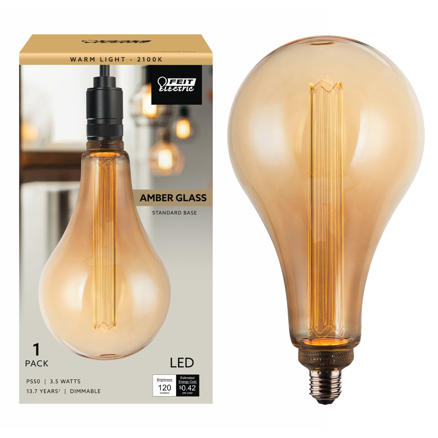 3.5W (60W Replacement) Warm Light (2100K) E26 Base PS50 Big Bulb Acrylic Filament LED
