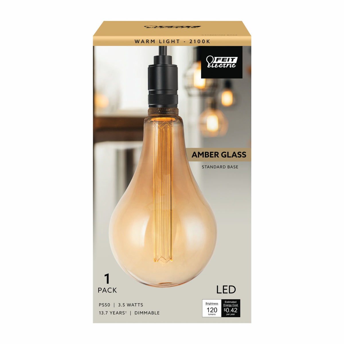 3.5W (60W Replacement) Warm Light (2100K) E26 Base PS50 Big Bulb Acrylic Filament LED