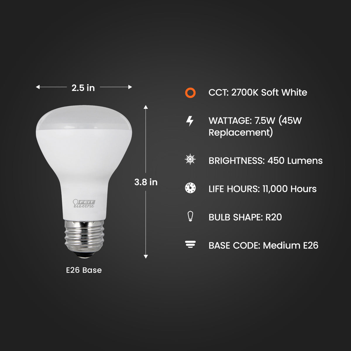 7.5W (45W Replacement) Soft White (2700K) E26 Base R20 Reflector LED Light Bulb (3-Pack)