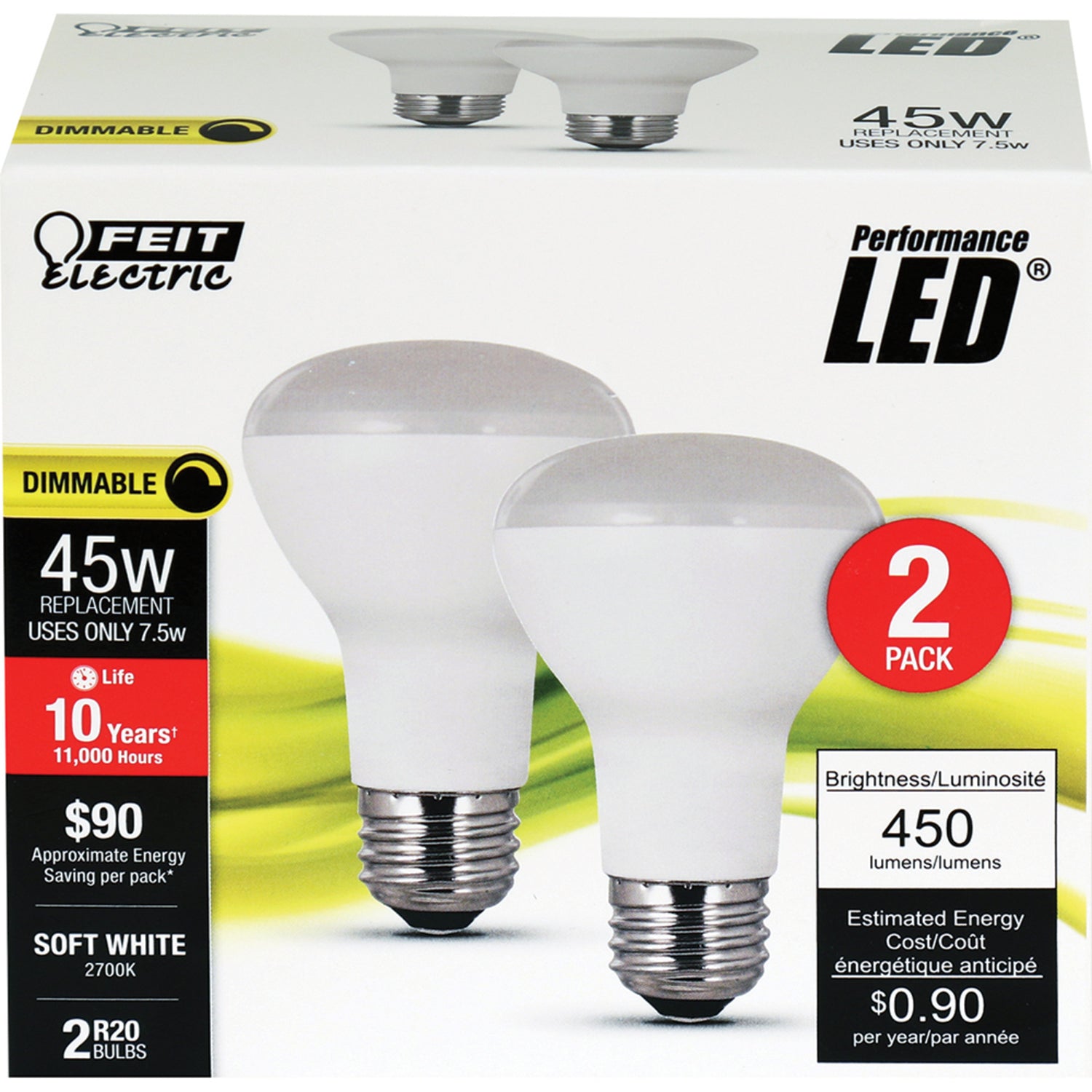 7.5W (45W Replacement) Soft White (2700K) E26 R20 Dimmable Reflector LED Light Bulb (2-Pack)