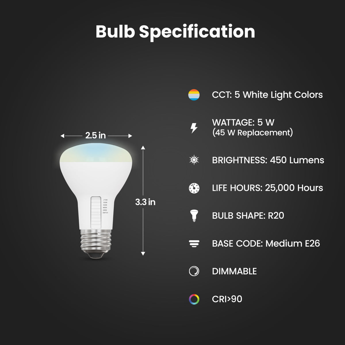 5W (45W Replacement) Adjustable White Dimmable R20 LED Bulb with Switch Mode (2-Pack)