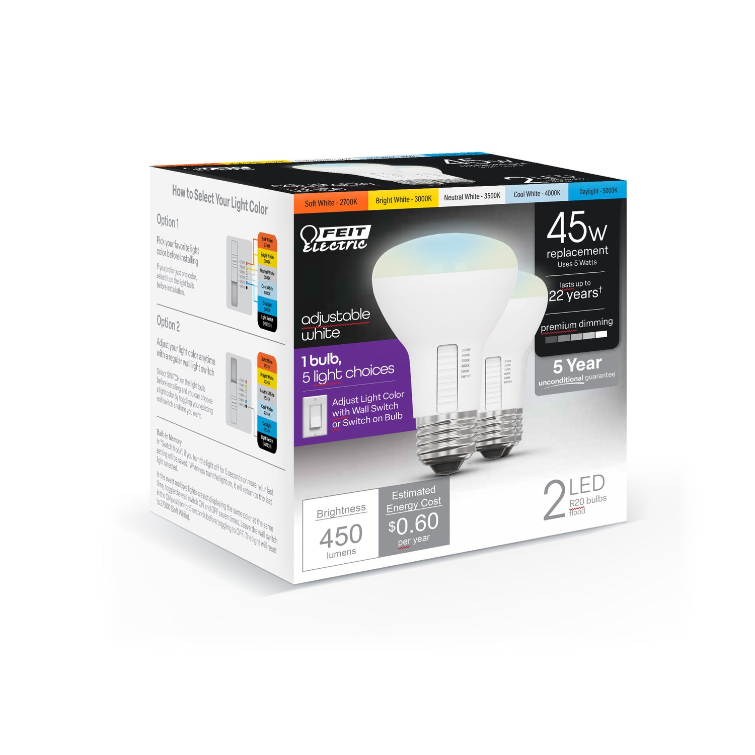 5W (45W Replacement) Adjustable White Dimmable R20 LED Bulb (2-Pack)