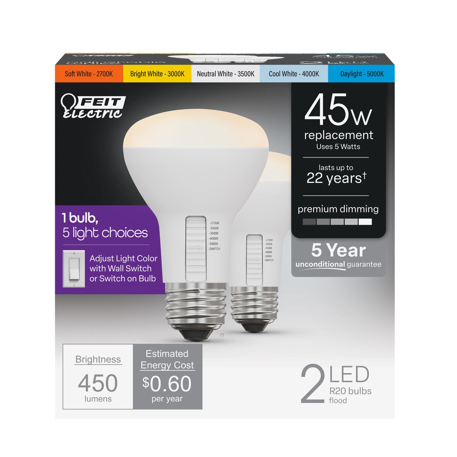 5W (45W Replacement) Adjustable White Dimmable R20 LED Bulb (2-Pack)
